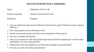1. Can you explain the path you have followed to become this stage? (Followed courses/ degrees/
PHD etc.)
2. How many projects you involved up to now?
3. Present involvement project and what is your designation of that project?
4. How do you handle the laborers?
5. How you communicate with other professionals and what kind of support give you from other
stakeholder to do your work perfectly?
6. What kind of rules and regulations you followed according to your job profile?
7. How do you work with indirect stakeholders?
Name : - Mahanama M.N.G.A.M
Present work place : - Sanken Construction Pvt Ltd.
Profession : - Engineer
Interviewed details from a stakeholder
 