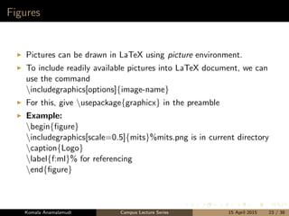 Figures
Pictures can be drawn in LaTeX using picture environment.
To include readily available pictures into LaTeX document, we can
use the command
includegraphics[options]{image-name}
For this, give usepackage{graphicx} in the preamble
Example:
begin{ﬁgure}
includegraphics[scale=0.5]{mits}%mits.png is in current directory
caption{Logo}
label{f:ml}% for referencing
end{ﬁgure}
Komala Anamalamudi Campus Lecture Series 15 April 2015 23 / 38
 