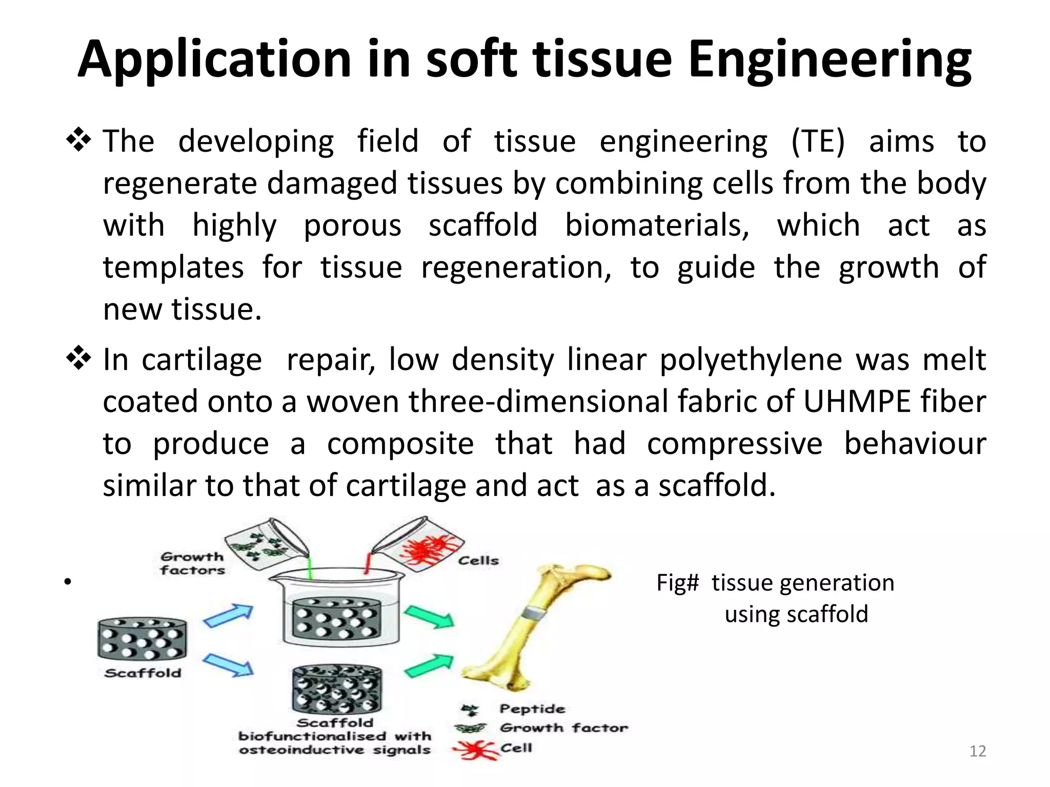 Application in soft tissue Engineering
 The developing field of tissue engineering (TE) aims to
regenerate damaged tissues by combining cells from the body
with highly porous scaffold biomaterials, which act as
templates for tissue regeneration, to guide the growth of
new tissue.
 In cartilage repair, low density linear polyethylene was melt
coated onto a woven three-dimensional fabric of UHMPE fiber
to produce a composite that had compressive behaviour
similar to that of cartilage and act as a scaffold.
• Fig# tissue generation
using using scaffold
12
 