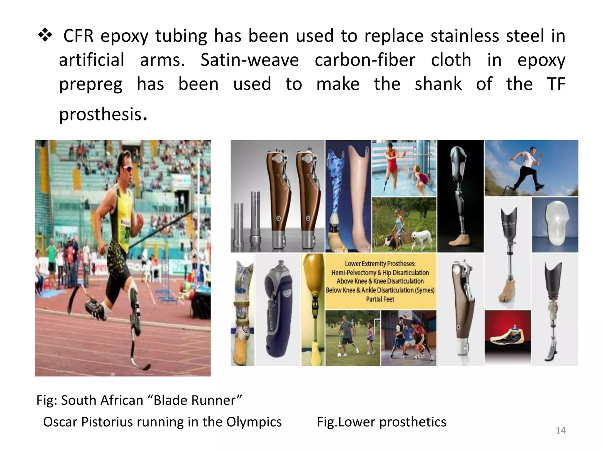  CFR epoxy tubing has been used to replace stainless steel in
artificial arms. Satin-weave carbon-fiber cloth in epoxy
prepreg has been used to make the shank of the TF
prosthesis.
Fig: South African “Blade Runner”
Oscar Pistorius running in the Olympics Fig.Lower prosthetics 14
 