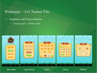 Prototype – 1x1 Trainer Flic
● Gameplay and Game elements
 Trainer mode → Online mode
Main Menu Login Activity Levels Jokers Settings
 
