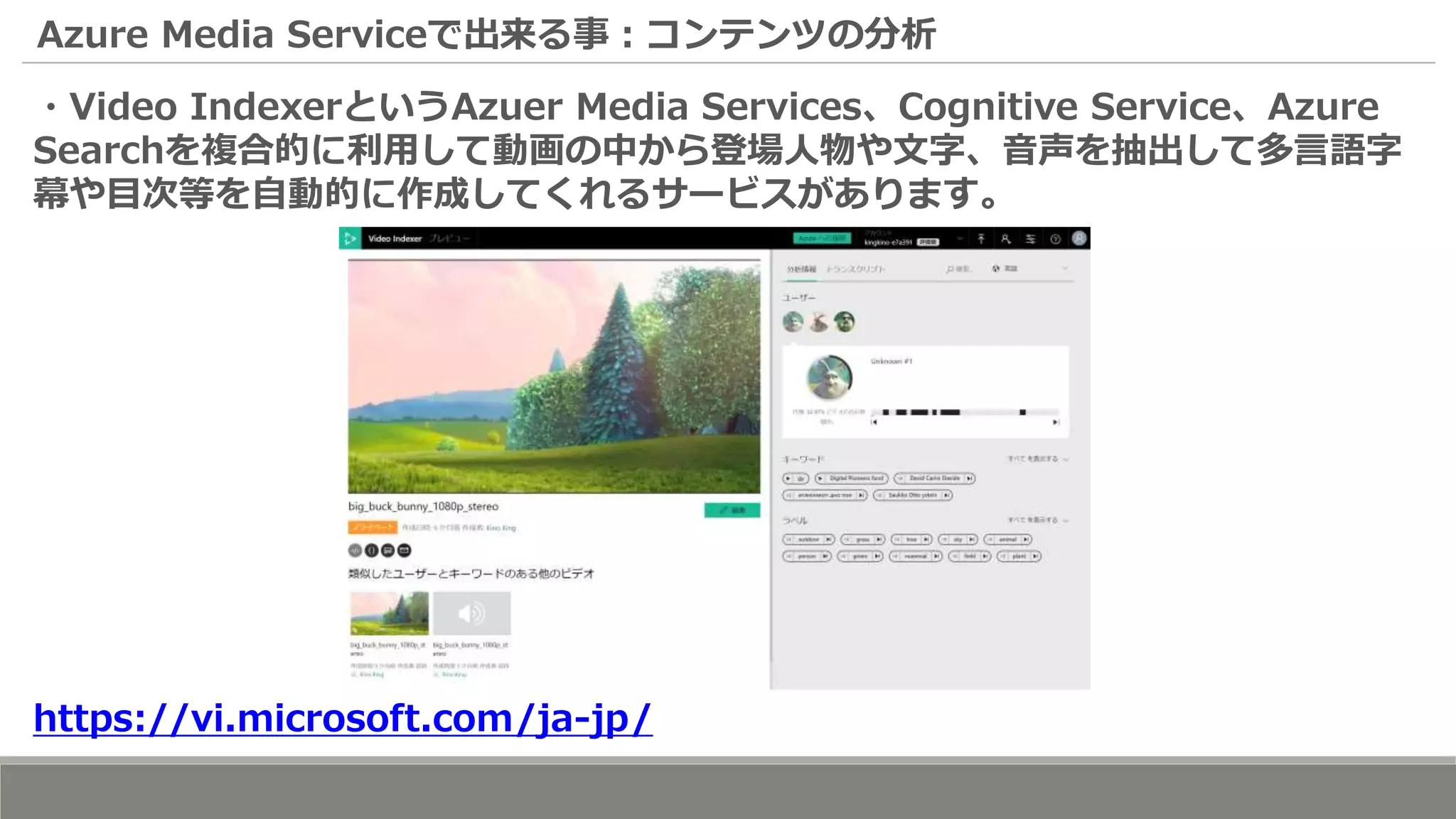 Azure Media Serviceで出来る事：コンテンツの分析
・Video IndexerというAzuer Media Services、Cognitive Service、Azure
Searchを複合的に利用して動画の中から登場人物や文字、音声を抽出して多言語字
幕や目次等を自動的に作成してくれるサービスがあります。
https://vi.microsoft.com/ja-jp/
 