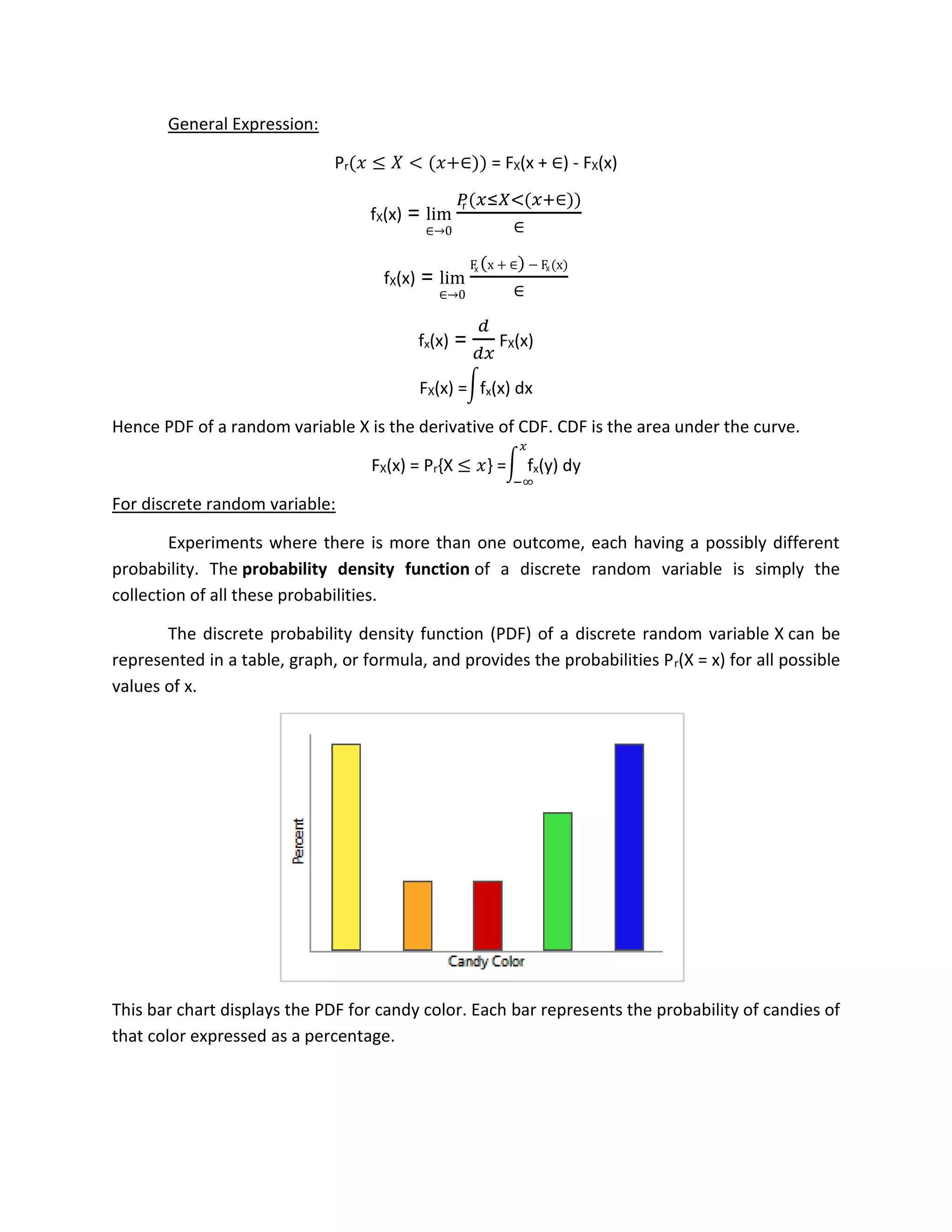 General Expression:
Pr(𝑥 ≤ 𝑋 < (𝑥+∈)) = FX(x + ∈) - FX(x)
fX(x) = lim
∈→0
𝑃(𝑥≤𝑋<(𝑥+∈))
∈
fX(x) = lim
∈→0
F (x + ∈) − F (x)
∈
fx(x) =
𝑑
𝑑𝑥
FX(x)
FX(x) = fx(x) dx
Hence PDF of a random variable X is the derivative of CDF. CDF is the area under the curve.
FX(x) = Pr{X ≤ 𝑥} = fx(y) dy
For discrete random variable:
Experiments where there is more than one outcome, each having a possibly different
probability. The probability density function of a discrete random variable is simply the
collection of all these probabilities.
The discrete probability density function (PDF) of a discrete random variable X can be
represented in a table, graph, or formula, and provides the probabilities Pr(X = x) for all possible
values of x.
This bar chart displays the PDF for candy color. Each bar represents the probability of candies of
that color expressed as a percentage.
r
X X
∫
∫
𝑥
−∞
 