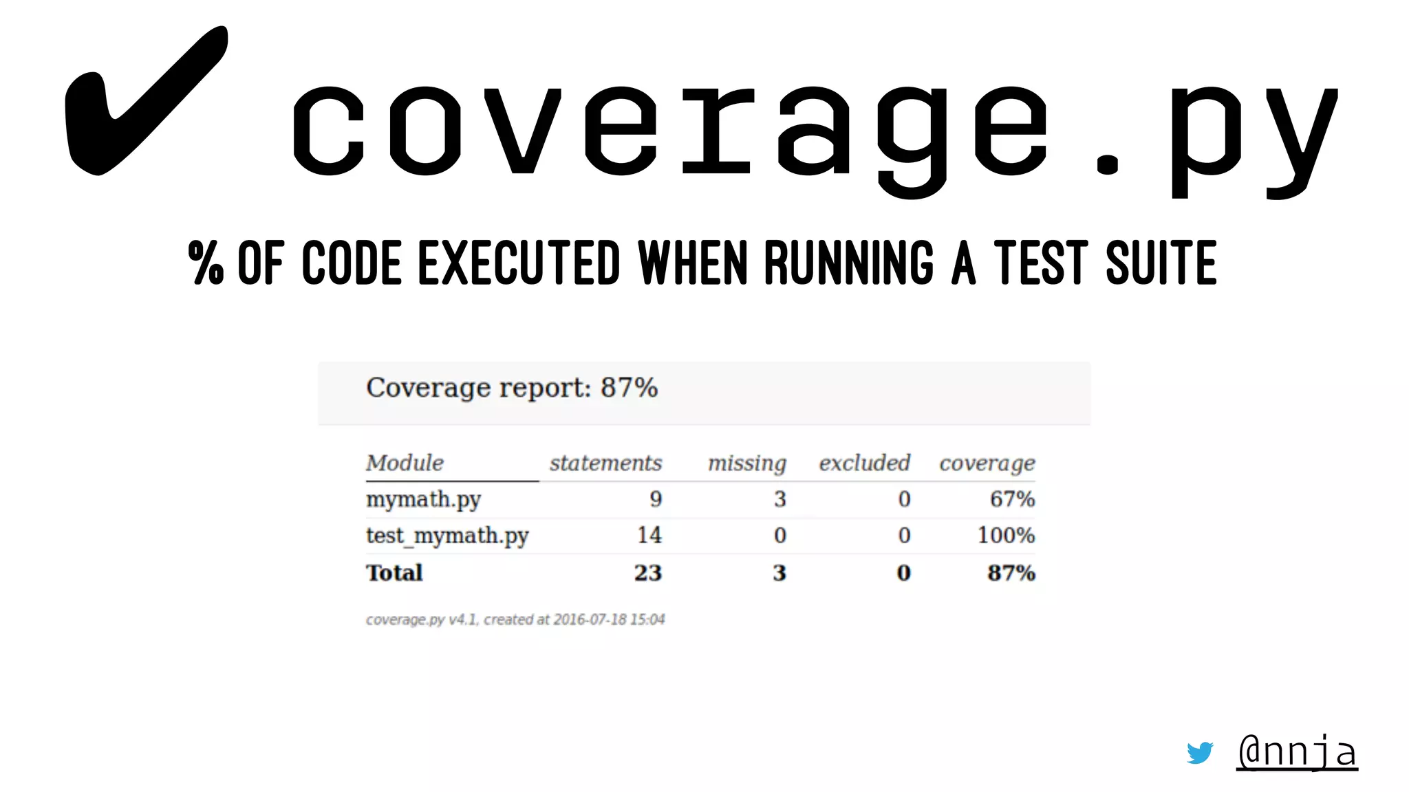✔ coverage.py
% OF CODE EXECUTED WHEN RUNNING A TEST SUITE
@nnja
 