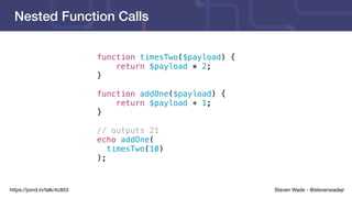 Steven Wade - @stevenwadejrhttps://joind.in/talk/4c853
Nested Function Calls
function timesTwo($payload) {
return $payload * 2;
}
function addOne($payload) {
return $payload + 1;
}
// outputs 21
echo addOne(
timesTwo(10)
);
 