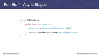 Steven Wade - @stevenwadejrhttps://joind.in/talk/4c853
Fun Stuff - Async Stages
class RelatedData
{
public function process()
{
$promises = $this->pipeline->process([]);
return GuzzleHttpPromiseunwrap($promises);
}
}
 