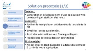 Solution proposée (1/3)
Solution:
• Conception et développement d’une application web
de reporting et statistics des rejets
Avantages:
• Faciliter la manipulation des données de la table de la
BD
• Simplifier l’accès aux données
• Avoir des informations sous forme graphiques
• Prendre des décisions dans un court temps
Limite exigée:
• Ne pas avoir le droit d’accéder à la table directement
à partir de notre application.
7
Introduction
Etude de l’existant et
problématique
Solution proposée
Architecture et choix
conceptuels
Mise en place
Conclusion et
perspectives
 
