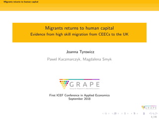 Migrants returns to human capital
Migrants returns to human capital
Evidence from high skill migration from CEECs to the UK
Joanna Tyrowicz
Pawel Kaczmarczyk, Magdalena Smyk
First ICEF Conference in Applied Economics
September 2018
1 / 15
 