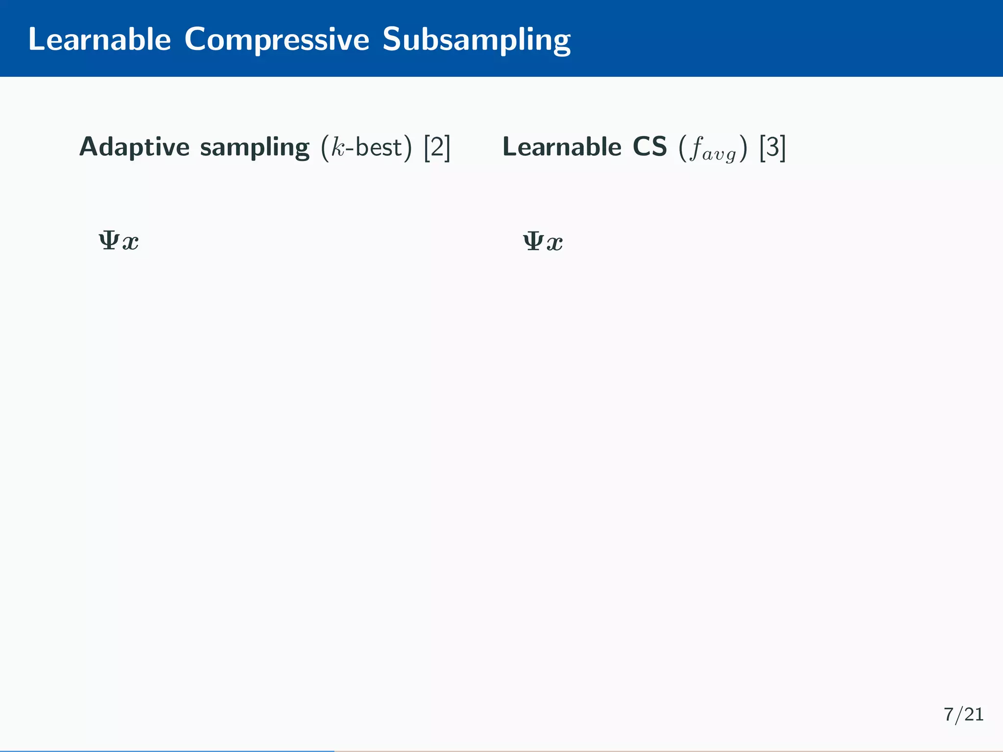 Learnable Compressive Subsampling Adaptive sampling (k-best) [2] Encoder Decoder Ψx × Ψ∗ ˆx learn Learnable CS (favg) [3] Encoder Decoder Ψx × Ψ∗ ˆx ΨX learn 7/21 