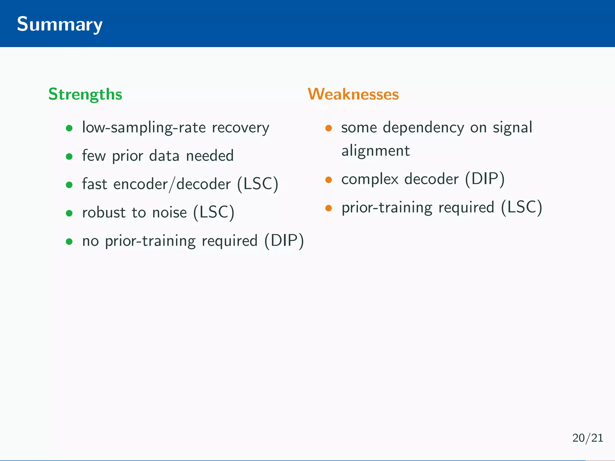 Summary Strengths • low-sampling-rate recovery • few prior data needed • fast encoder/decoder (LSC) • robust to noise (LSC) • no prior-training required (DIP) Weaknesses • some dependency on signal alignment • complex decoder (DIP) • prior-training required (LSC) 20/21 