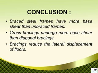 CONCLUSION :
• Braced steel frames have more base
shear than unbraced frames.
• Cross bracings undergo more base shear
than diagonal bracings.
• Bracings reduce the lateral displacement
of floors.
32
 