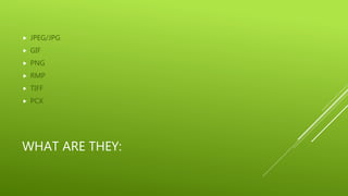 WHAT ARE THEY:
 JPEG/JPG
 GIF
 PNG
 RMP
 TIFF
 PCX
 