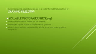 DRAWING FILE(.DRW)
 Generic drawing created and stored in a vector format that uses lines or
path to represent image.
SCALABLE VECTOR/GRAPHICS(.svg)
 Most common vector format on the internet.
 Developed by the WWW to display vector graphics
 Open format and can be opened by adobe, corel, and open graphics
programs.
 