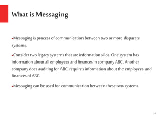 3 /
What is Messaging
●Messaging is process of communication between two or more disparate
systems.
●Consider two legacy s...