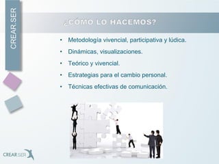 • Metodología vivencial, participativa y lúdica.
• Dinámicas, visualizaciones.
• Teórico y vivencial.
• Estrategias para el cambio personal.
• Técnicas efectivas de comunicación.
 