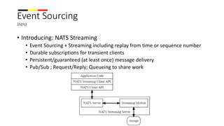 Event Sourcing
Intro
• Introducing: NATS Streaming
• Event Sourcing + Streaming including replay from time or sequence number
• Durable subscriptions for transient clients
• Persistent/guaranteed (at least once) message delivery
• Pub/Sub ; Request/Reply; Queueing to share work
 
