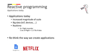 Reactive programming
Applications today
• Applications today
• Increased magnitude of scale
• Big data (IoT, devices, …)
• Realtime
• Ex. Flight recorder
1 sec of flight = 1.5 TB of data
• Re-think the way we create applications
 