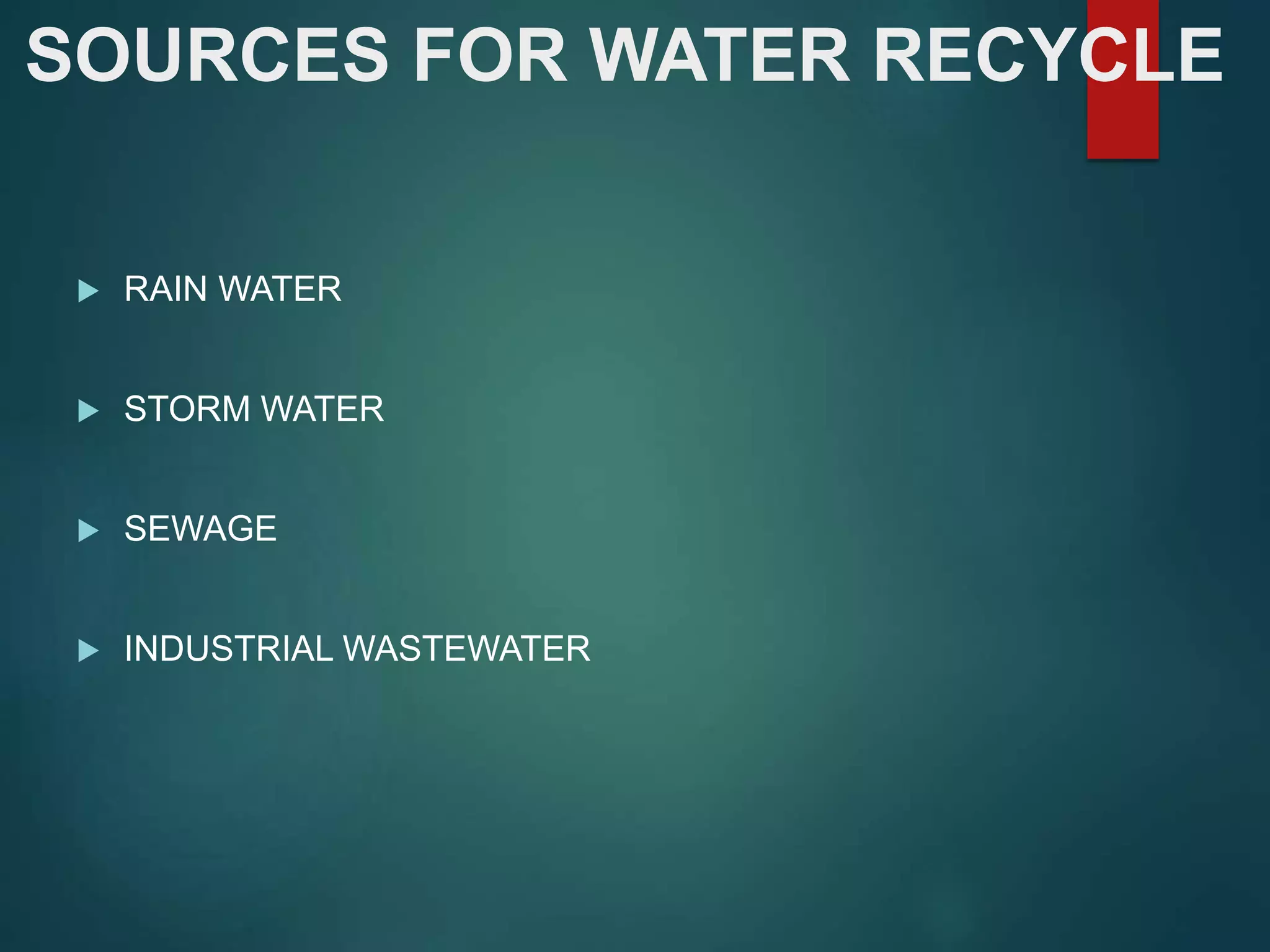 SOURCES FOR WATER RECYCLE
 RAIN WATER
 STORM WATER
 SEWAGE
 INDUSTRIAL WASTEWATER
 