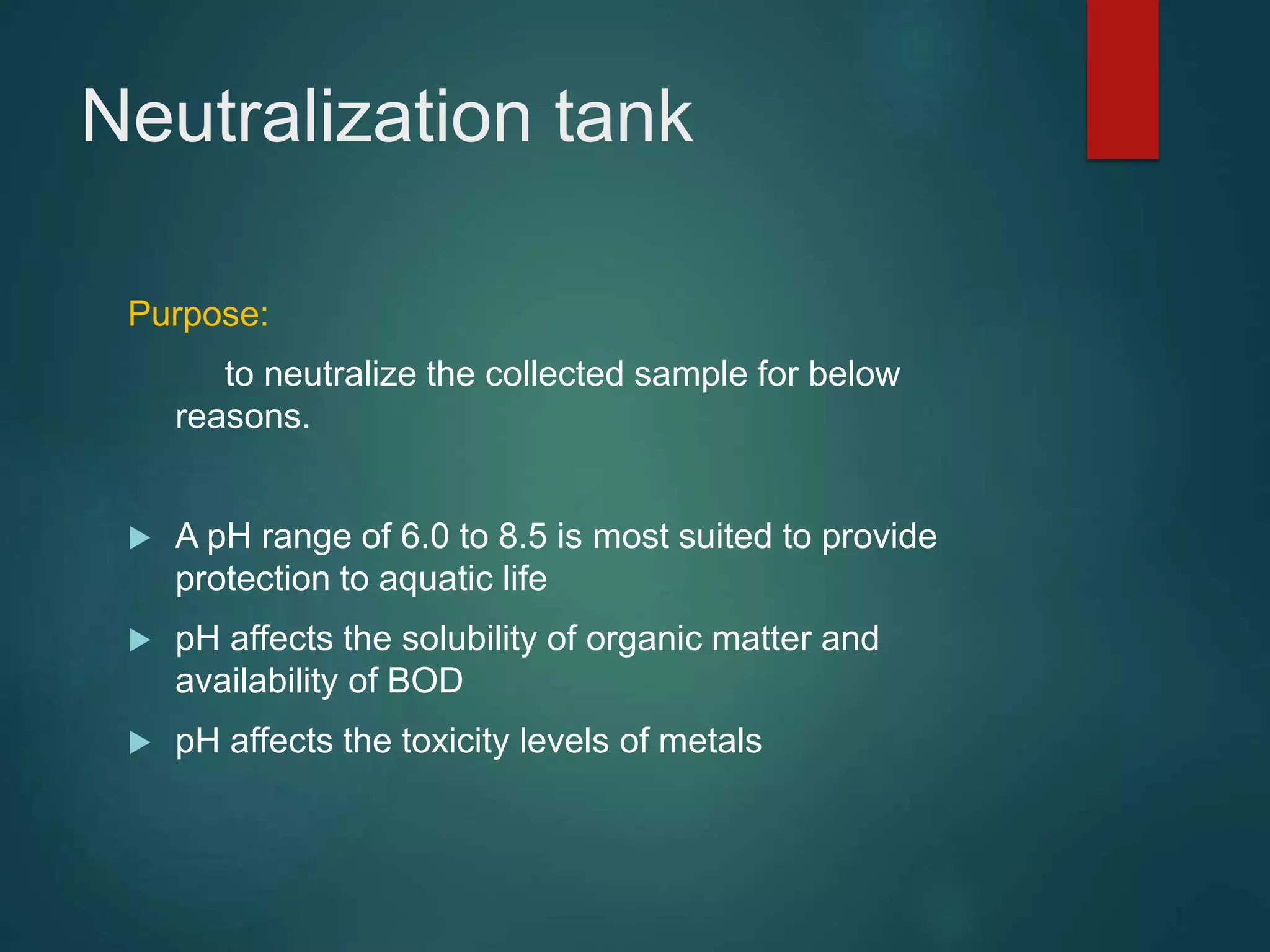 Neutralization tank
Purpose:
to neutralize the collected sample for below
reasons.
 A pH range of 6.0 to 8.5 is most suited to provide
protection to aquatic life
 pH affects the solubility of organic matter and
availability of BOD
 pH affects the toxicity levels of metals
 