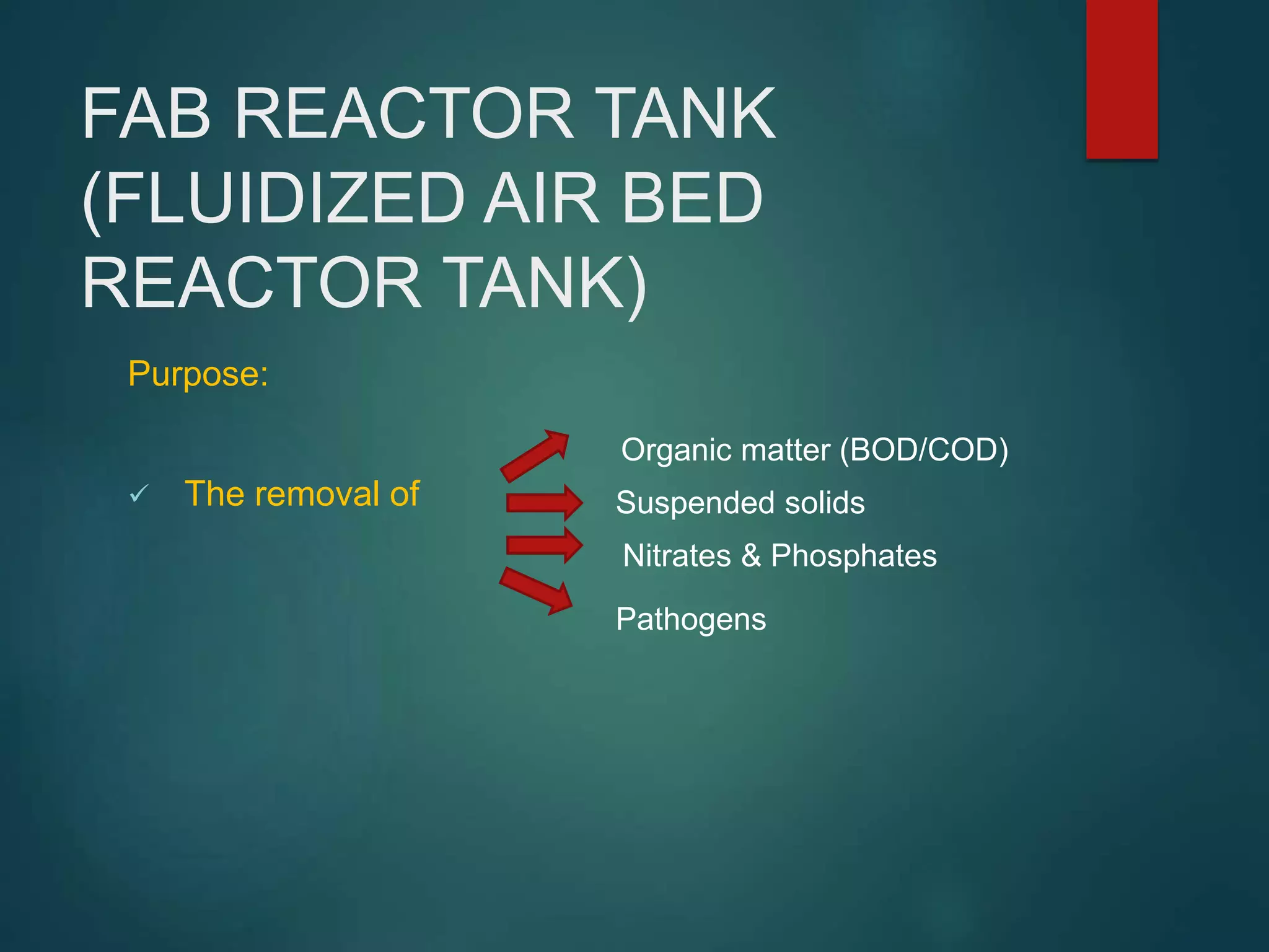 FAB REACTOR TANK
(FLUIDIZED AIR BED
REACTOR TANK)
Purpose:
 The removal of
Organic matter (BOD/COD)
Suspended solids
Nitrates & Phosphates
Pathogens
 