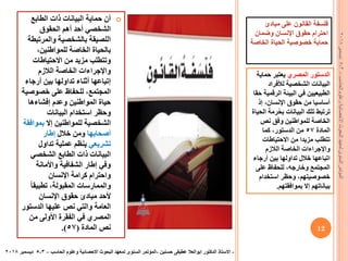 ‫مبادئ‬ ‫على‬ ‫القانون‬ ‫فلسفة‬
‫وضمان‬ ‫اإلنسان‬ ‫حقوق‬ ‫احترام‬
‫الخاصة‬ ‫الحياة‬ ‫خصوصية‬ ‫حماية‬
‫الطابع‬ ‫ذات‬ ‫البيانات‬ ‫حماية‬ ‫أن‬
‫الحقوق‬ ‫أهم‬ ‫أحد‬ ‫الشخصي‬
‫والمرتبطة‬ ‫بالشخصية‬ ‫اللصيقة‬
،‫للمواطنين‬ ‫الخاصة‬ ‫بالحياة‬
‫االحتياطات‬ ‫من‬ ‫مزيد‬ ‫وتتطلب‬
‫الالزم‬ ‫الخاصة‬ ‫واإلجراءات‬
‫أرجاء‬ ‫بين‬ ‫تداولها‬ ‫أثناء‬ ‫إتباعها‬
‫خصوصية‬ ‫على‬ ‫للحفاظ‬ ،‫المجتمع‬
‫إفشاءها‬ ‫وعدم‬ ‫المواطنين‬ ‫حياة‬
‫البيانات‬ ‫استخدام‬ ‫وحظر‬
‫إال‬ ‫للمواطنين‬ ‫الشخصية‬‫بموافقة‬
‫أصحابها‬‫خالل‬ ‫ومن‬‫إطار‬
‫تشريعي‬‫تداول‬ ‫عملية‬ ‫ينظم‬
‫الشخصي‬ ‫الطابع‬ ‫ذات‬ ‫البيانات‬
‫واألمانة‬ ‫الشفافية‬ ‫إطار‬ ‫وفي‬
‫اإلنسان‬ ‫كرامة‬ ‫واحترام‬
ً‫ا‬‫تطبيق‬ ،‫المقبولة‬ ‫والممارسات‬
‫اإلنسان‬ ‫حقوق‬ ‫مبادئ‬ ‫ألحد‬
‫الدستور‬ ‫عليها‬ ‫نص‬ ‫والتي‬ ‫العامة‬
‫من‬ ‫األولى‬ ‫الفقرة‬ ‫في‬ ‫المصري‬
‫المادة‬ ‫نص‬(57.)
-‫حسنين‬ ‫عطيفى‬ ‫ابوالعال‬ ‫الدكتور‬ ‫االستاذ‬-‫الحاسب‬ ‫وعلوم‬ ‫االحصائية‬ ‫البحوث‬ ‫لمعهد‬ ‫السنوى‬ ‫المؤتمر‬–3-5‫ديسمبر‬2018
‫المصري‬ ‫الدستور‬‫حماية‬ ‫يعتبر‬
‫لألفراد‬ ‫الشخصية‬ ‫البيانات‬
‫حقا‬ ‫الرقمية‬ ‫البيئة‬ ‫في‬ ‫الطبيعيين‬
‫إذ‬ ،‫اإلنسان‬ ‫حقوق‬ ‫من‬ ‫أساسيا‬
‫الحياة‬ ‫رمة‬ُ‫ح‬‫ب‬ ‫البيانات‬ ‫تلك‬ ‫ترتبط‬
‫نص‬ ‫وفق‬ ‫للمواطنين‬ ‫الخاصة‬
‫المادة‬57‫كما‬ ،‫الدستور‬ ‫من‬
‫االحتياطات‬ ‫من‬ ‫مزيدا‬ ‫تتطلب‬
‫الالزم‬ ‫الخاصة‬ ‫واإلجراءات‬
‫أرجاء‬ ‫بين‬ ‫تداولها‬ ‫خالل‬ ‫اتباعها‬
‫على‬ ‫للحفاظ‬ ،‫وخارجه‬ ‫المجتمع‬
‫استخدام‬ ‫وحظر‬ ،‫خصوصيتهم‬
‫بموافقتهم‬ ‫إال‬ ‫بياناتهم‬.
12
‫الحاسب‬‫وعلوم‬‫االحصائية‬‫البحوث‬‫لمعهد‬‫السنوى‬‫المؤتمر‬–3-5‫ديسمبر‬2018
 