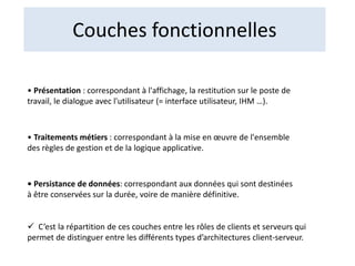 Couches fonctionnelles
• Présentation : correspondant à l'affichage, la restitution sur le poste de
travail, le dialogue avec l'utilisateur (= interface utilisateur, IHM …).
• Traitements métiers : correspondant à la mise en œuvre de l'ensemble
des règles de gestion et de la logique applicative.
• Persistance de données: correspondant aux données qui sont destinées
à être conservées sur la durée, voire de manière définitive.
 C’est la répartition de ces couches entre les rôles de clients et serveurs qui
permet de distinguer entre les différents types d’architectures client-serveur.
 