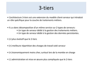 3-tiers
• L’architecture 3-tiers est une extension du modèle client-serveur qui introduit
un rôle spécifique pour la couche de traitements métiers.
• Il y a donc décomposition d’un même service sur 2 types de serveurs:
• Un type de serveur dédié à la gestion des traitements métiers.
• Un type de serveur dédié à la gestion des données persistantes.
• (+) plus évolutif que le 2-tiers
• (+) meilleure répartition des charges de travail coté serveur
• (+) économiquement moins cher, surtout lors de la montée en charge
• (-) administration et mise en œuvre plus compliquée que le 2-tiers
 
