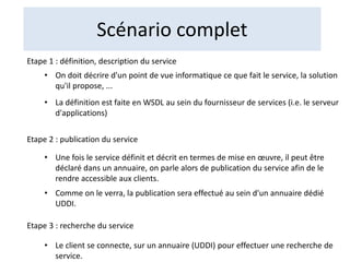 Scénario complet
Etape 1 : définition, description du service
• On doit décrire d'un point de vue informatique ce que fait le service, la solution
qu'il propose, ...
• La définition est faite en WSDL au sein du fournisseur de services (i.e. le serveur
d'applications)
Etape 2 : publication du service
• Une fois le service définit et décrit en termes de mise en œuvre, il peut être
déclaré dans un annuaire, on parle alors de publication du service afin de le
rendre accessible aux clients.
• Comme on le verra, la publication sera effectué au sein d'un annuaire dédié
UDDI.
Etape 3 : recherche du service
• Le client se connecte, sur un annuaire (UDDI) pour effectuer une recherche de
service.
 