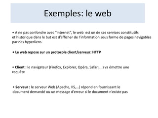 Exemples: le web
• A ne pas confondre avec “internet”, le web est un de ses services constitutifs
et historique dans le but est d’afficher de l’information sous forme de pages navigables
par des hyperliens.
• Le web repose sur un protocole client/serveur: HTTP
• Client : le navigateur (Firefox, Explorer, Opéra, Safari,...) va émettre une
requête
• Serveur : le serveur Web (Apache, IIS,...) répond en fournissant le
document demandé ou un message d’erreur si le document n’existe pas
 