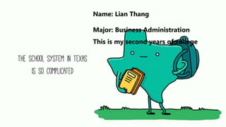 Name: Lian Thang
Major: Business Administration
This is my second years of college
 