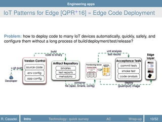 Engineering apps
IoT Patterns for Edge [QPR+
16] » Edge Code Deployment
Problem: how to deploy code to many IoT devices automatically, quickly, safely, and
conﬁgure them without a long process of build/deployment/test/release?
R. Casadei Intro Technology: quick survey AC Wrap-up 10/52
 