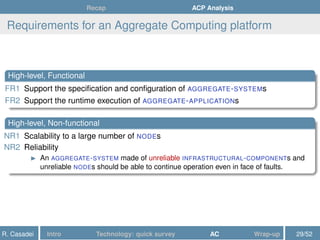 Recap ACP Analysis
Requirements for an Aggregate Computing platform
High-level, Functional
FR1 Support the speciﬁcation and conﬁguration of AGGREGATE-SYSTEMs
FR2 Support the runtime execution of AGGREGATE-APPLICATIONs
High-level, Non-functional
NR1 Scalability to a large number of NODEs
NR2 Reliability
An AGGREGATE-SYSTEM made of unreliable INFRASTRUCTURAL-COMPONENTs and
unreliable NODEs should be able to continue operation even in face of faults.
R. Casadei Intro Technology: quick survey AC Wrap-up 29/52
 