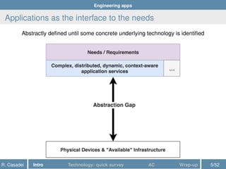 Engineering apps
Applications as the interface to the needs
Abstractly deﬁned until some concrete underlying technology is identiﬁed
R. Casadei Intro Technology: quick survey AC Wrap-up 5/52
 