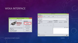 WEKA INTERFACE
Implementing A-priori algorithm using weka 12/10/2018 13
 