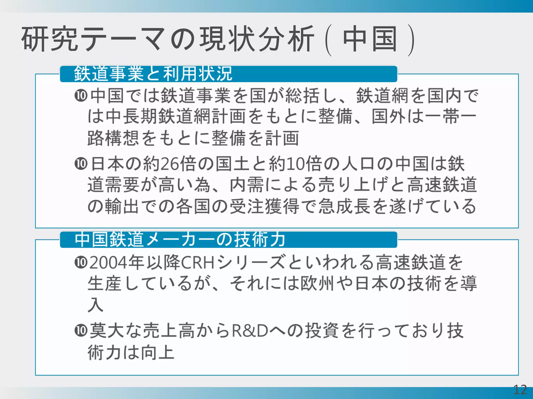研究テーマの現状分析 ( 中国 )
12
 