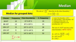 Median Class Example Measure of Central Tendency (Mean, Median, Mode and Quantiles) | PPTX
