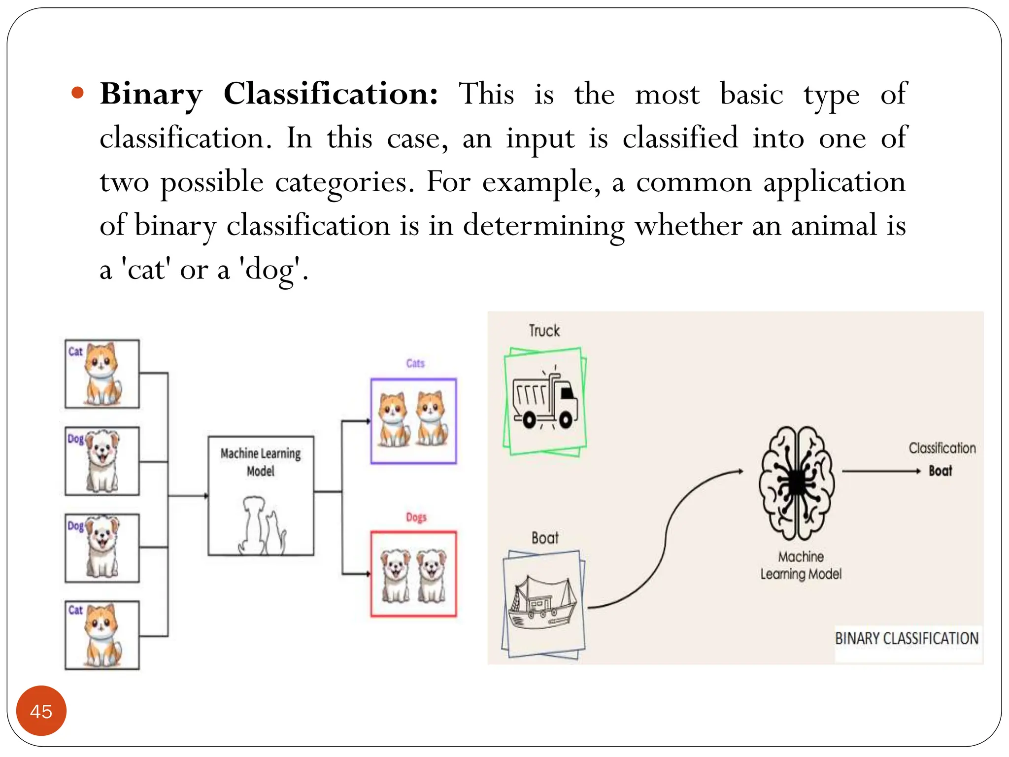  Binary Classification: This is the most basic type of
classification. In this case, an input is classified into one of
two possible categories. For example, a common application
of binary classification is in determining whether an animal is
a 'cat' or a 'dog'.
45
 