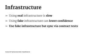 Infrastructure
» Using real infrastructure is slow
» Using fake infrastructure can lower confidence
» Use fake infrastructure but sync via contract tests
Crania Ltd | @ciaranmcnulty | #symfonycon
 