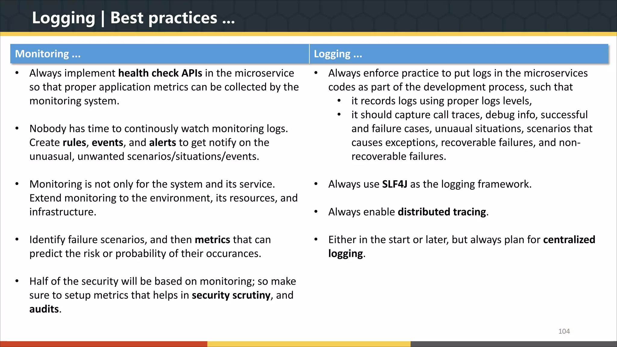 Logging | Best practices ... 104 Monitoring ... Logging ... • Always implement health check APIs in the microservice so that proper application metrics can be collected by the monitoring system. • Nobody has time to continously watch monitoring logs. Create rules, events, and alerts to get notify on the unuasual, unwanted scenarios/situations/events. • Monitoring is not only for the system and its service. Extend monitoring to the environment, its resources, and infrastructure. • Identify failure scenarios, and then metrics that can predict the risk or probability of their occurances. • Half of the security will be based on monitoring; so make sure to setup metrics that helps in security scrutiny, and audits. • Always enforce practice to put logs in the microservices codes as part of the development process, such that • it records logs using proper logs levels, • it should capture call traces, debug info, successful and failure cases, unuaual situations, scenarios that causes exceptions, recoverable failures, and non- recoverable failures. • Always use SLF4J as the logging framework. • Always enable distributed tracing. • Either in the start or later, but always plan for centralized logging. 