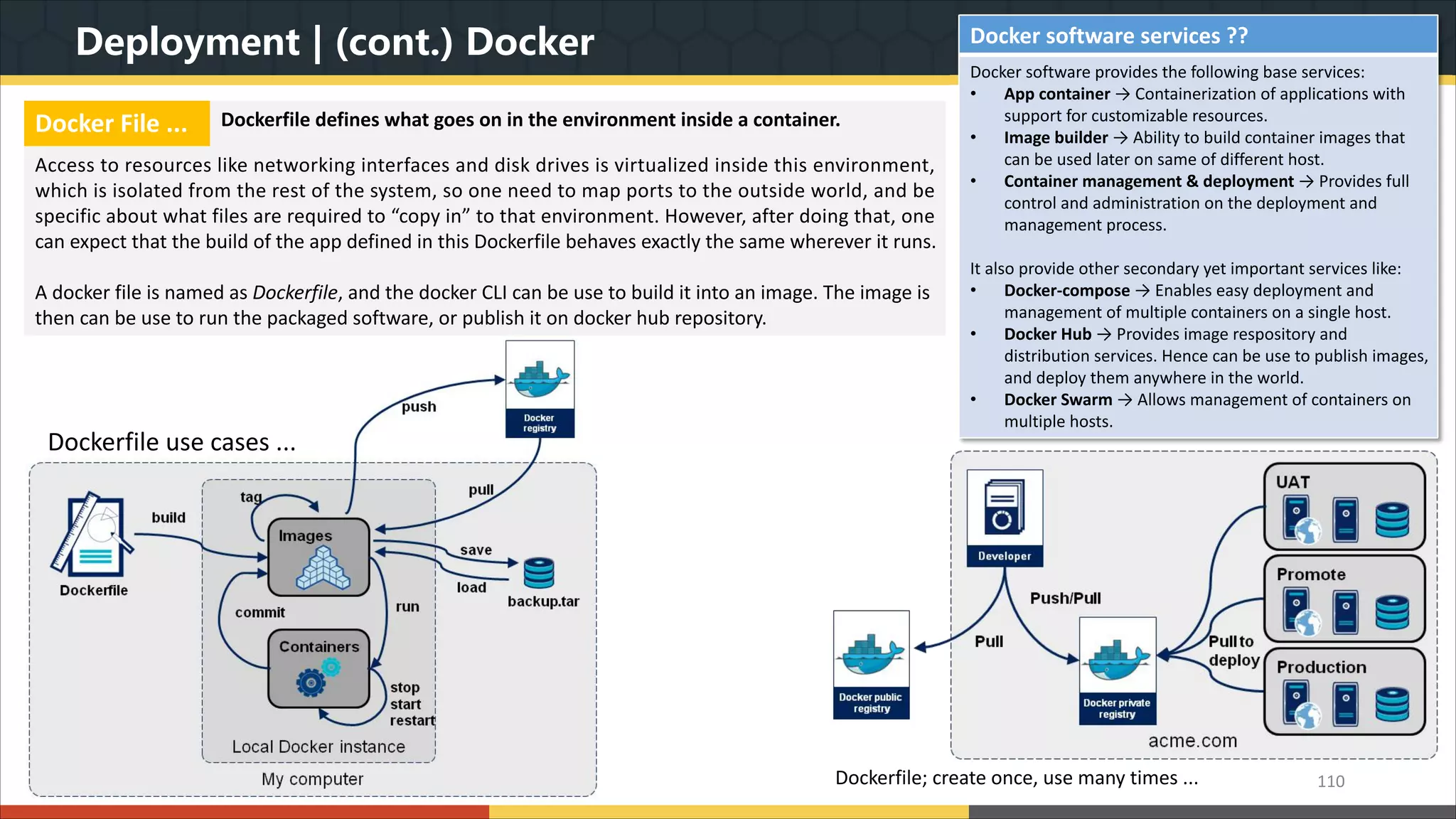 Deployment | (cont.) Docker 110 Docker software services ?? Docker software provides the following base services: • App container → Containerization of applications with support for customizable resources. • Image builder → Ability to build container images that can be used later on same of different host. • Container management & deployment → Provides full control and administration on the deployment and management process. It also provide other secondary yet important services like: • Docker-compose → Enables easy deployment and management of multiple containers on a single host. • Docker Hub → Provides image respository and distribution services. Hence can be use to publish images, and deploy them anywhere in the world. • Docker Swarm → Allows management of containers on multiple hosts. Docker File ... Dockerfile defines what goes on in the environment inside a container. Access to resources like networking interfaces and disk drives is virtualized inside this environment, which is isolated from the rest of the system, so one need to map ports to the outside world, and be specific about what files are required to “copy in” to that environment. However, after doing that, one can expect that the build of the app defined in this Dockerfile behaves exactly the same wherever it runs. A docker file is named as Dockerfile, and the docker CLI can be use to build it into an image. The image is then can be use to run the packaged software, or publish it on docker hub repository. Dockerfile use cases ... Dockerfile; create once, use many times ... 