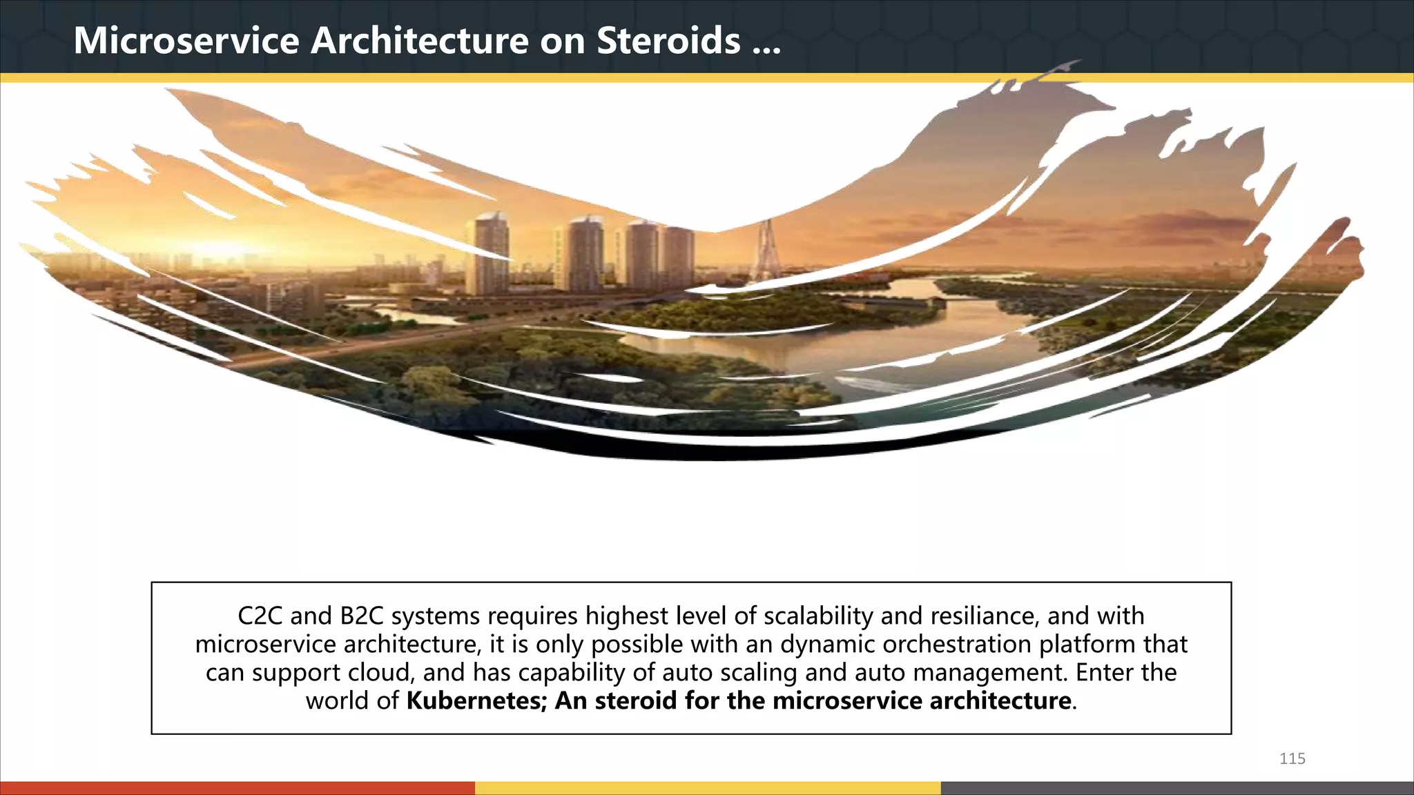 Microservice Architecture on Steroids ... 我们本着实用美观的原则,为您精心设计最专业的PPT作品.模板内页图表的文字.色块.图片均可自由 编辑.改色.替换.我们本着实用美观的原则,为您精心设计最专业的PPT作品.模板内页图表的文字.色 块.图片均可自由编辑.改色.替换. C2C and B2C systems requires highest level of scalability and resiliance, and with microservice architecture, it is only possible with an dynamic orchestration platform that can support cloud, and has capability of auto scaling and auto management. Enter the world of Kubernetes; An steroid for the microservice architecture. 115 