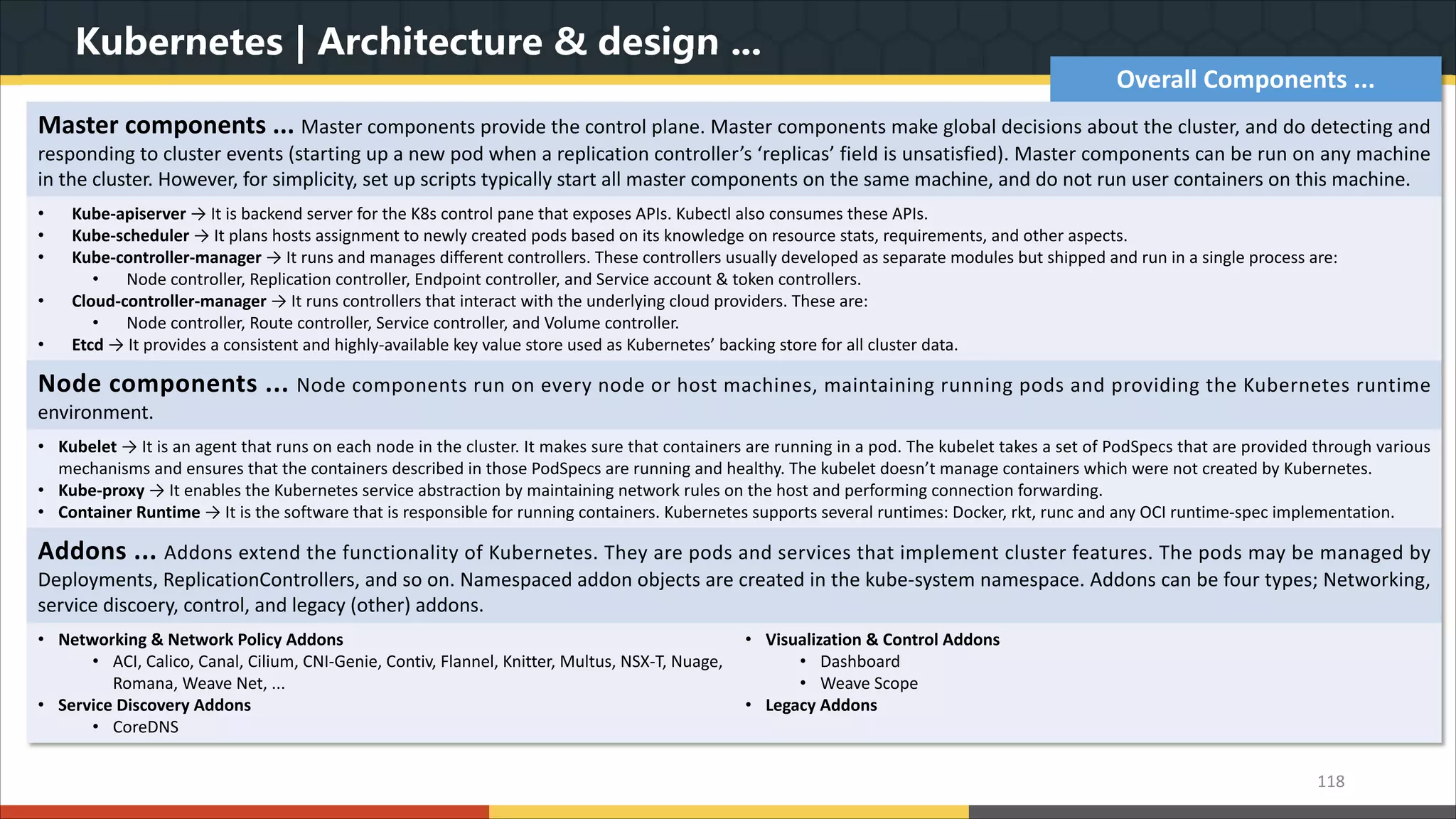 Kubernetes | Architecture & design ... 118 Overall Components ... Master components ... Master components provide the control plane. Master components make global decisions about the cluster, and do detecting and responding to cluster events (starting up a new pod when a replication controller’s ‘replicas’ field is unsatisfied). Master components can be run on any machine in the cluster. However, for simplicity, set up scripts typically start all master components on the same machine, and do not run user containers on this machine. • Kube-apiserver → It is backend server for the K8s control pane that exposes APIs. Kubectl also consumes these APIs. • Kube-scheduler → It plans hosts assignment to newly created pods based on its knowledge on resource stats, requirements, and other aspects. • Kube-controller-manager → It runs and manages different controllers. These controllers usually developed as separate modules but shipped and run in a single process are: • Node controller, Replication controller, Endpoint controller, and Service account & token controllers. • Cloud-controller-manager → It runs controllers that interact with the underlying cloud providers. These are: • Node controller, Route controller, Service controller, and Volume controller. • Etcd → It provides a consistent and highly-available key value store used as Kubernetes’ backing store for all cluster data. Node components ... Node components run on every node or host machines, maintaining running pods and providing the Kubernetes runtime environment. • Kubelet → It is an agent that runs on each node in the cluster. It makes sure that containers are running in a pod. The kubelet takes a set of PodSpecs that are provided through various mechanisms and ensures that the containers described in those PodSpecs are running and healthy. The kubelet doesn’t manage containers which were not created by Kubernetes. • Kube-proxy → It enables the Kubernetes service abstraction by maintaining network rules on the host and performing connection forwarding. • Container Runtime → It is the software that is responsible for running containers. Kubernetes supports several runtimes: Docker, rkt, runc and any OCI runtime-spec implementation. Addons ... Addons extend the functionality of Kubernetes. They are pods and services that implement cluster features. The pods may be managed by Deployments, ReplicationControllers, and so on. Namespaced addon objects are created in the kube-system namespace. Addons can be four types; Networking, service discoery, control, and legacy (other) addons. • Networking & Network Policy Addons • ACI, Calico, Canal, Cilium, CNI-Genie, Contiv, Flannel, Knitter, Multus, NSX-T, Nuage, Romana, Weave Net, ... • Service Discovery Addons • CoreDNS • Visualization & Control Addons • Dashboard • Weave Scope • Legacy Addons 
