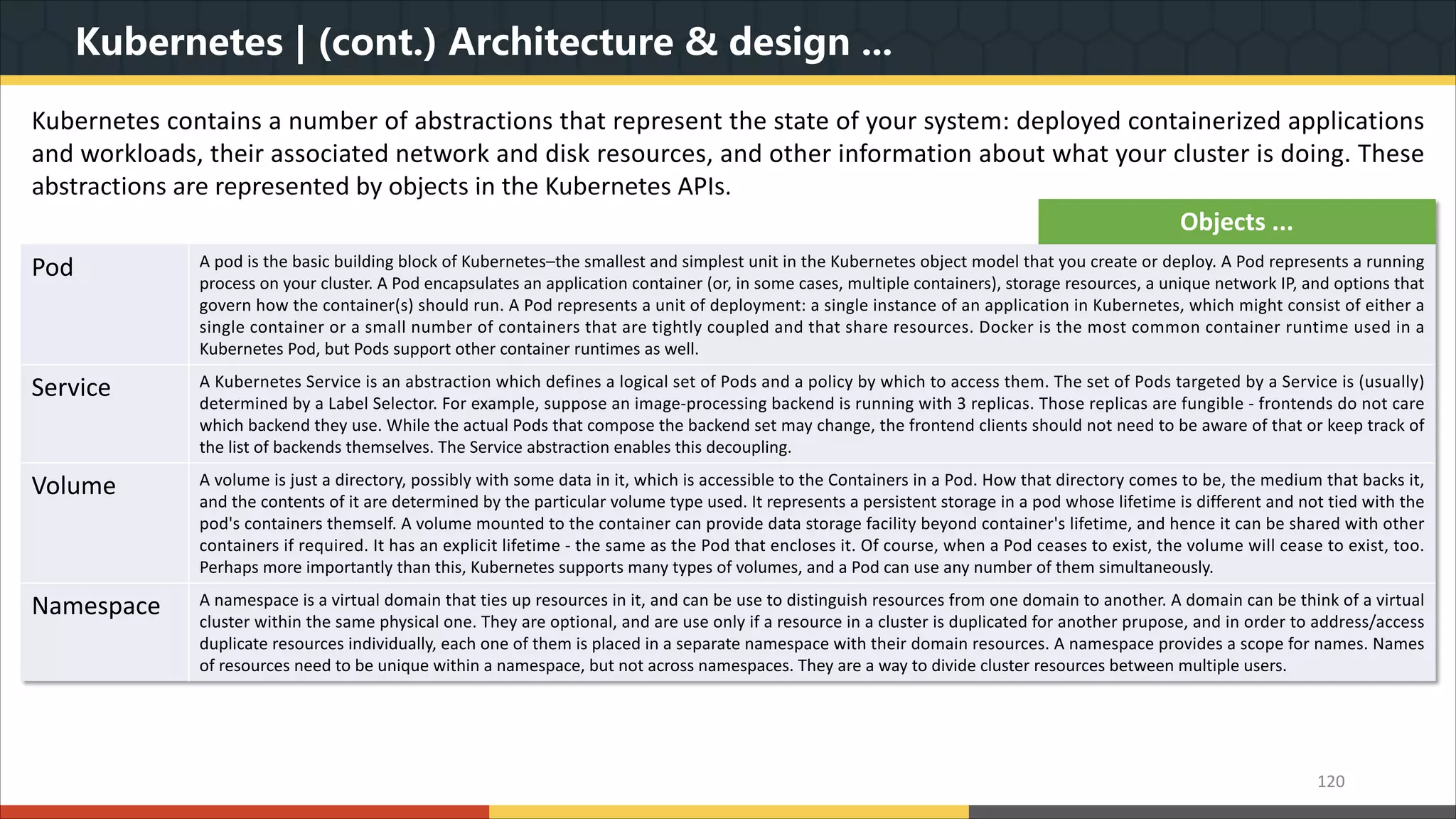 Kubernetes | (cont.) Architecture & design ... 120 Kubernetes contains a number of abstractions that represent the state of your system: deployed containerized applications and workloads, their associated network and disk resources, and other information about what your cluster is doing. These abstractions are represented by objects in the Kubernetes APIs. Objects ... Pod A pod is the basic building block of Kubernetes–the smallest and simplest unit in the Kubernetes object model that you create or deploy. A Pod represents a running process on your cluster. A Pod encapsulates an application container (or, in some cases, multiple containers), storage resources, a unique network IP, and options that govern how the container(s) should run. A Pod represents a unit of deployment: a single instance of an application in Kubernetes, which might consist of either a single container or a small number of containers that are tightly coupled and that share resources. Docker is the most common container runtime used in a Kubernetes Pod, but Pods support other container runtimes as well. Service A Kubernetes Service is an abstraction which defines a logical set of Pods and a policy by which to access them. The set of Pods targeted by a Service is (usually) determined by a Label Selector. For example, suppose an image-processing backend is running with 3 replicas. Those replicas are fungible - frontends do not care which backend they use. While the actual Pods that compose the backend set may change, the frontend clients should not need to be aware of that or keep track of the list of backends themselves. The Service abstraction enables this decoupling. Volume A volume is just a directory, possibly with some data in it, which is accessible to the Containers in a Pod. How that directory comes to be, the medium that backs it, and the contents of it are determined by the particular volume type used. It represents a persistent storage in a pod whose lifetime is different and not tied with the pod's containers themself. A volume mounted to the container can provide data storage facility beyond container's lifetime, and hence it can be shared with other containers if required. It has an explicit lifetime - the same as the Pod that encloses it. Of course, when a Pod ceases to exist, the volume will cease to exist, too. Perhaps more importantly than this, Kubernetes supports many types of volumes, and a Pod can use any number of them simultaneously. Namespace A namespace is a virtual domain that ties up resources in it, and can be use to distinguish resources from one domain to another. A domain can be think of a virtual cluster within the same physical one. They are optional, and are use only if a resource in a cluster is duplicated for another prupose, and in order to address/access duplicate resources individually, each one of them is placed in a separate namespace with their domain resources. A namespace provides a scope for names. Names of resources need to be unique within a namespace, but not across namespaces. They are a way to divide cluster resources between multiple users. 