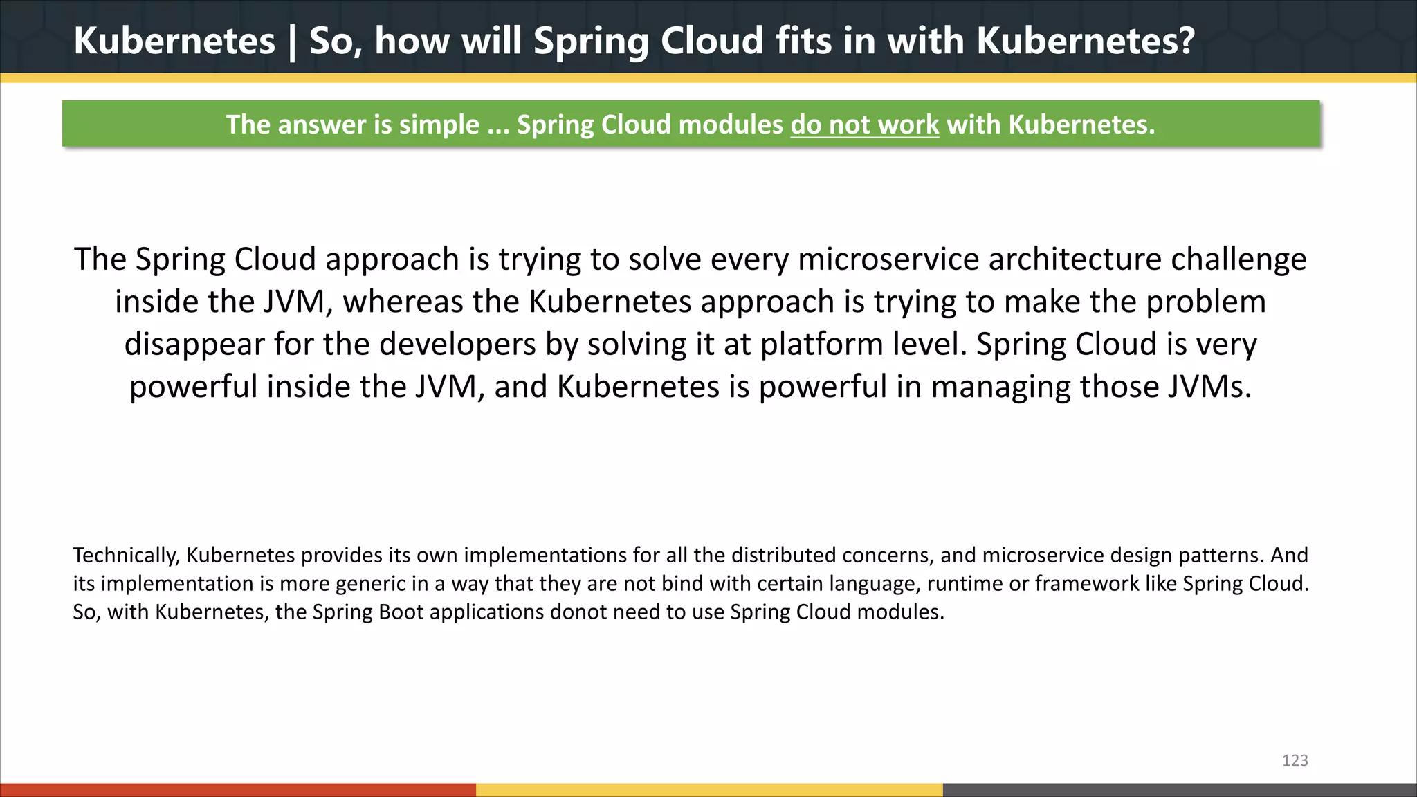 Kubernetes | So, how will Spring Cloud fits in with Kubernetes? 123 The answer is simple ... Spring Cloud modules do not work with Kubernetes. Technically, Kubernetes provides its own implementations for all the distributed concerns, and microservice design patterns. And its implementation is more generic in a way that they are not bind with certain language, runtime or framework like Spring Cloud. So, with Kubernetes, the Spring Boot applications donot need to use Spring Cloud modules. The Spring Cloud approach is trying to solve every microservice architecture challenge inside the JVM, whereas the Kubernetes approach is trying to make the problem disappear for the developers by solving it at platform level. Spring Cloud is very powerful inside the JVM, and Kubernetes is powerful in managing those JVMs. 