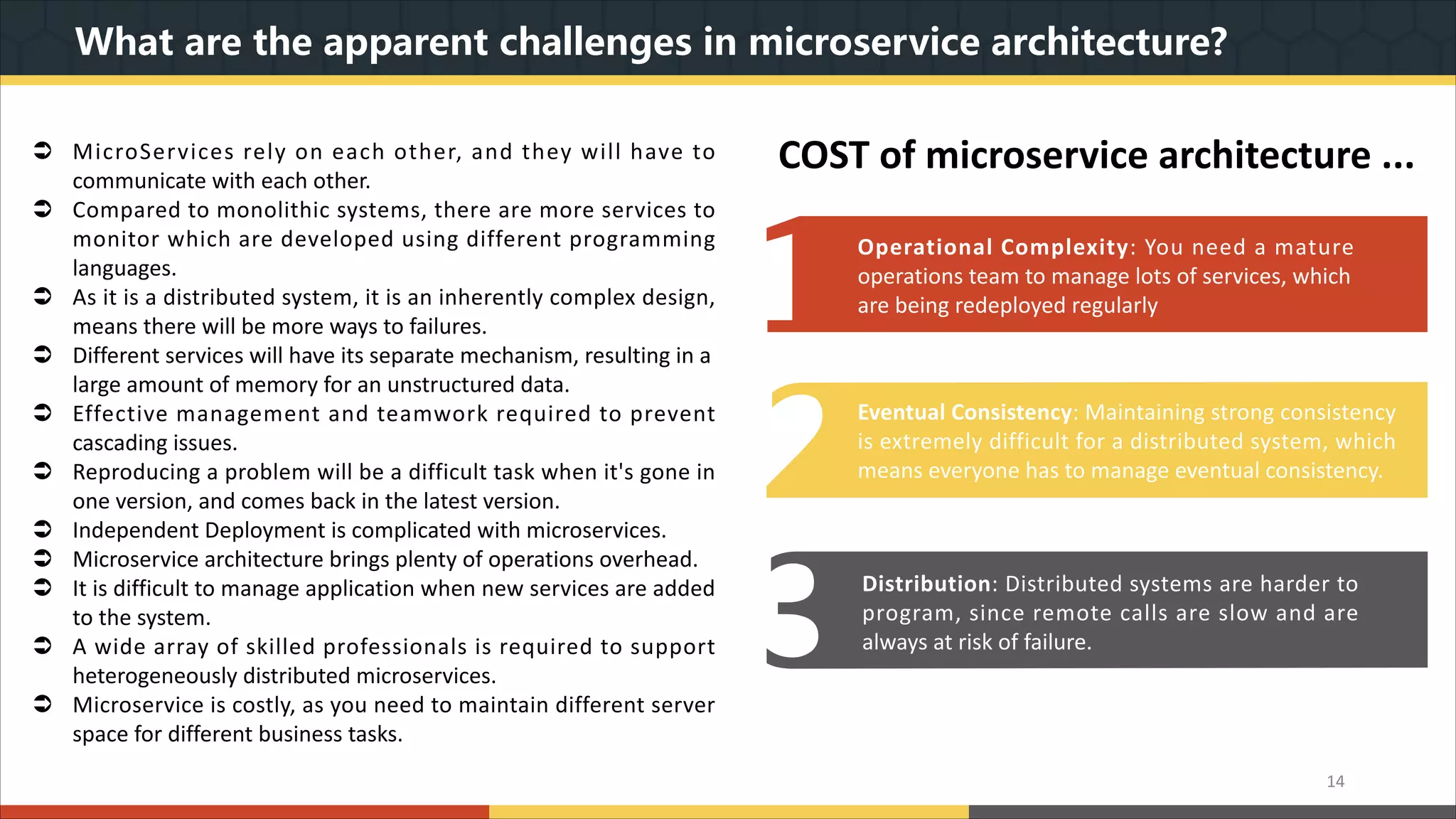 What are the apparent challenges in microservice architecture? 14 Ü MicroServices rely on each other, and they will have to communicate with each other. Ü Compared to monolithic systems, there are more services to monitor which are developed using different programming languages. Ü As it is a distributed system, it is an inherently complex design, means there will be more ways to failures. Ü Different services will have its separate mechanism, resulting in a large amount of memory for an unstructured data. Ü Effective management and teamwork required to prevent cascading issues. Ü Reproducing a problem will be a difficult task when it's gone in one version, and comes back in the latest version. Ü Independent Deployment is complicated with microservices. Ü Microservice architecture brings plenty of operations overhead. Ü It is difficult to manage application when new services are added to the system. Ü A wide array of skilled professionals is required to support heterogeneously distributed microservices. Ü Microservice is costly, as you need to maintain different server space for different business tasks. Operational Complexity: You need a mature operations team to manage lots of services, which are being redeployed regularly Eventual Consistency: Maintaining strong consistency is extremely difficult for a distributed system, which means everyone has to manage eventual consistency. Distribution: Distributed systems are harder to program, since remote calls are slow and are always at risk of failure. COST of microservice architecture ... 