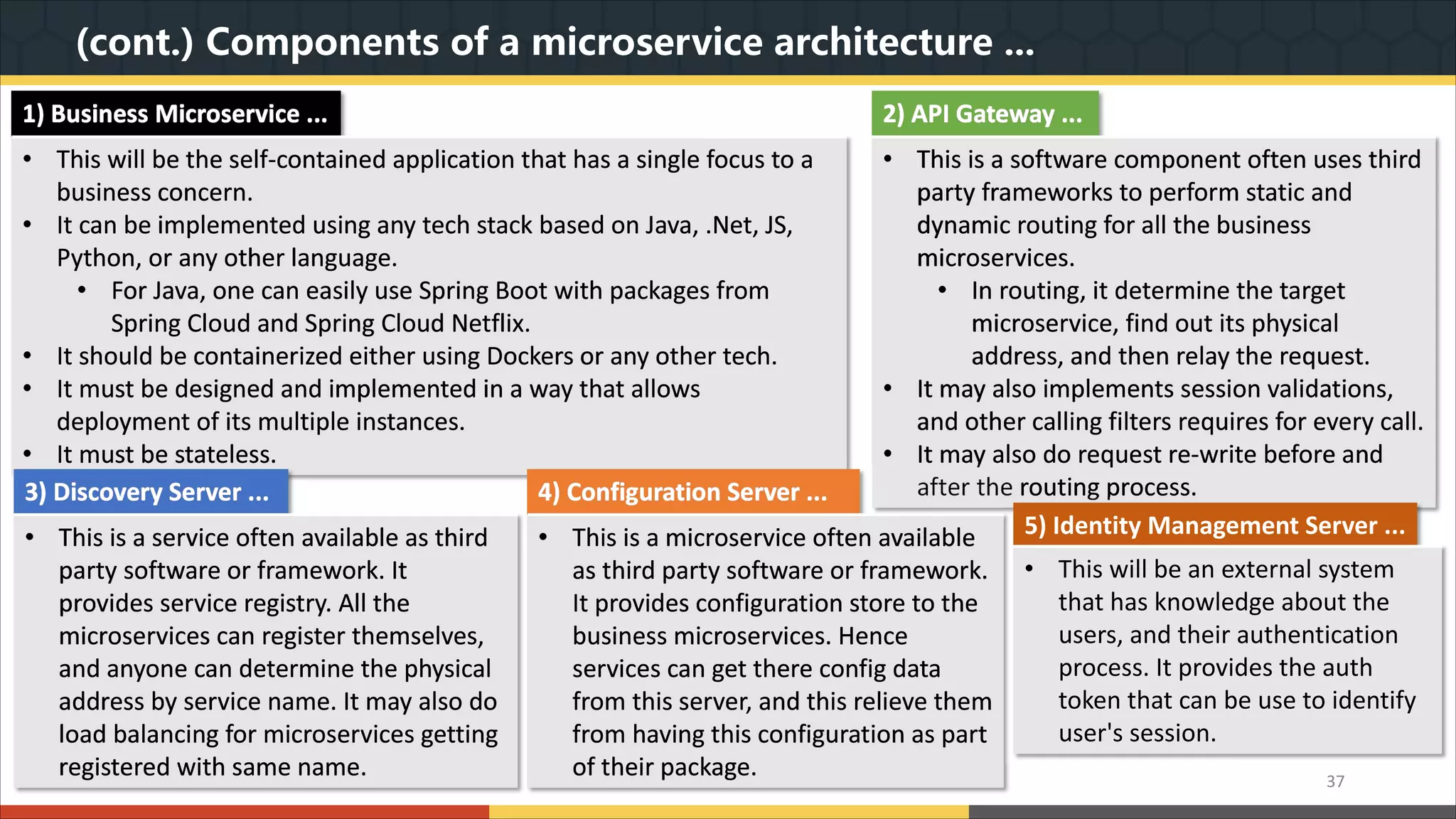 (cont.) Components of a microservice architecture ... 37 1) Business Microservice ... • This will be the self-contained application that has a single focus to a business concern. • It can be implemented using any tech stack based on Java, .Net, JS, Python, or any other language. • For Java, one can easily use Spring Boot with packages from Spring Cloud and Spring Cloud Netflix. • It should be containerized either using Dockers or any other tech. • It must be designed and implemented in a way that allows deployment of its multiple instances. • It must be stateless. 2) API Gateway ... • This is a software component often uses third party frameworks to perform static and dynamic routing for all the business microservices. • In routing, it determine the target microservice, find out its physical address, and then relay the request. • It may also implements session validations, and other calling filters requires for every call. • It may also do request re-write before and after the routing process.3) Discovery Server ... • This is a service often available as third party software or framework. It provides service registry. All the microservices can register themselves, and anyone can determine the physical address by service name. It may also do load balancing for microservices getting registered with same name. 4) Configuration Server ... • This is a microservice often available as third party software or framework. It provides configuration store to the business microservices. Hence services can get there config data from this server, and this relieve them from having this configuration as part of their package. 5) Identity Management Server ... • This will be an external system that has knowledge about the users, and their authentication process. It provides the auth token that can be use to identify user's session. 