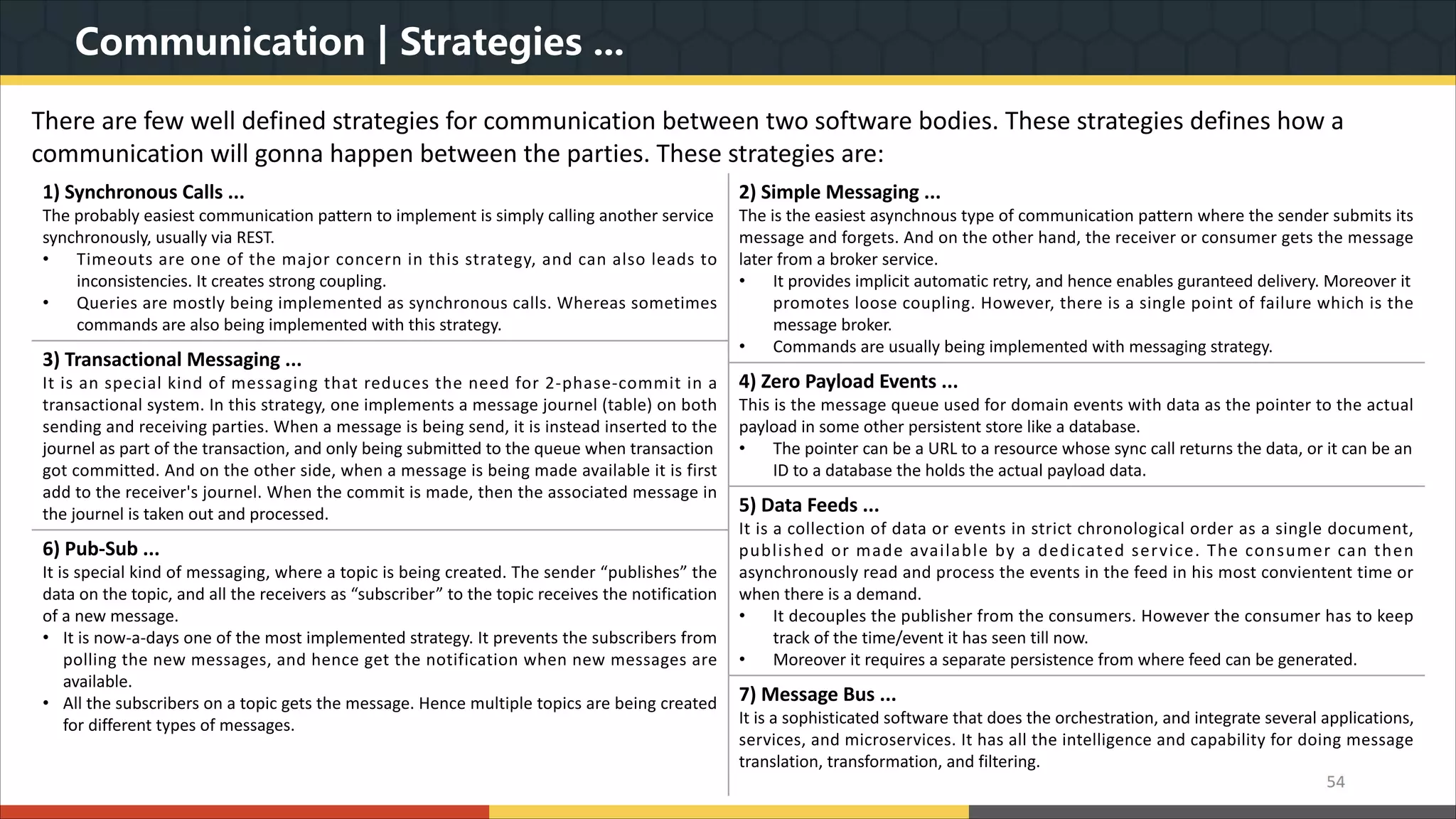 Communication | Strategies ... There are few well defined strategies for communication between two software bodies. These strategies defines how a communication will gonna happen between the parties. These strategies are: 54 1) Synchronous Calls ... The probably easiest communication pattern to implement is simply calling another service synchronously, usually via REST. • Timeouts are one of the major concern in this strategy, and can also leads to inconsistencies. It creates strong coupling. • Queries are mostly being implemented as synchronous calls. Whereas sometimes commands are also being implemented with this strategy. 2) Simple Messaging ... The is the easiest asynchnous type of communication pattern where the sender submits its message and forgets. And on the other hand, the receiver or consumer gets the message later from a broker service. • It provides implicit automatic retry, and hence enables guranteed delivery. Moreover it promotes loose coupling. However, there is a single point of failure which is the message broker. • Commands are usually being implemented with messaging strategy. 3) Transactional Messaging ... It is an special kind of messaging that reduces the need for 2-phase-commit in a transactional system. In this strategy, one implements a message journel (table) on both sending and receiving parties. When a message is being send, it is instead inserted to the journel as part of the transaction, and only being submitted to the queue when transaction got committed. And on the other side, when a message is being made available it is first add to the receiver's journel. When the commit is made, then the associated message in the journel is taken out and processed. 4) Zero Payload Events ... This is the message queue used for domain events with data as the pointer to the actual payload in some other persistent store like a database. • The pointer can be a URL to a resource whose sync call returns the data, or it can be an ID to a database the holds the actual payload data. 5) Data Feeds ... It is a collection of data or events in strict chronological order as a single document, published or made available by a dedicated service. The consumer can then asynchronously read and process the events in the feed in his most convientent time or when there is a demand. • It decouples the publisher from the consumers. However the consumer has to keep track of the time/event it has seen till now. • Moreover it requires a separate persistence from where feed can be generated. 6) Pub-Sub ... It is special kind of messaging, where a topic is being created. The sender “publishes” the data on the topic, and all the receivers as “subscriber” to the topic receives the notification of a new message. • It is now-a-days one of the most implemented strategy. It prevents the subscribers from polling the new messages, and hence get the notification when new messages are available. • All the subscribers on a topic gets the message. Hence multiple topics are being created for different types of messages. 7) Message Bus ... It is a sophisticated software that does the orchestration, and integrate several applications, services, and microservices. It has all the intelligence and capability for doing message translation, transformation, and filtering. 