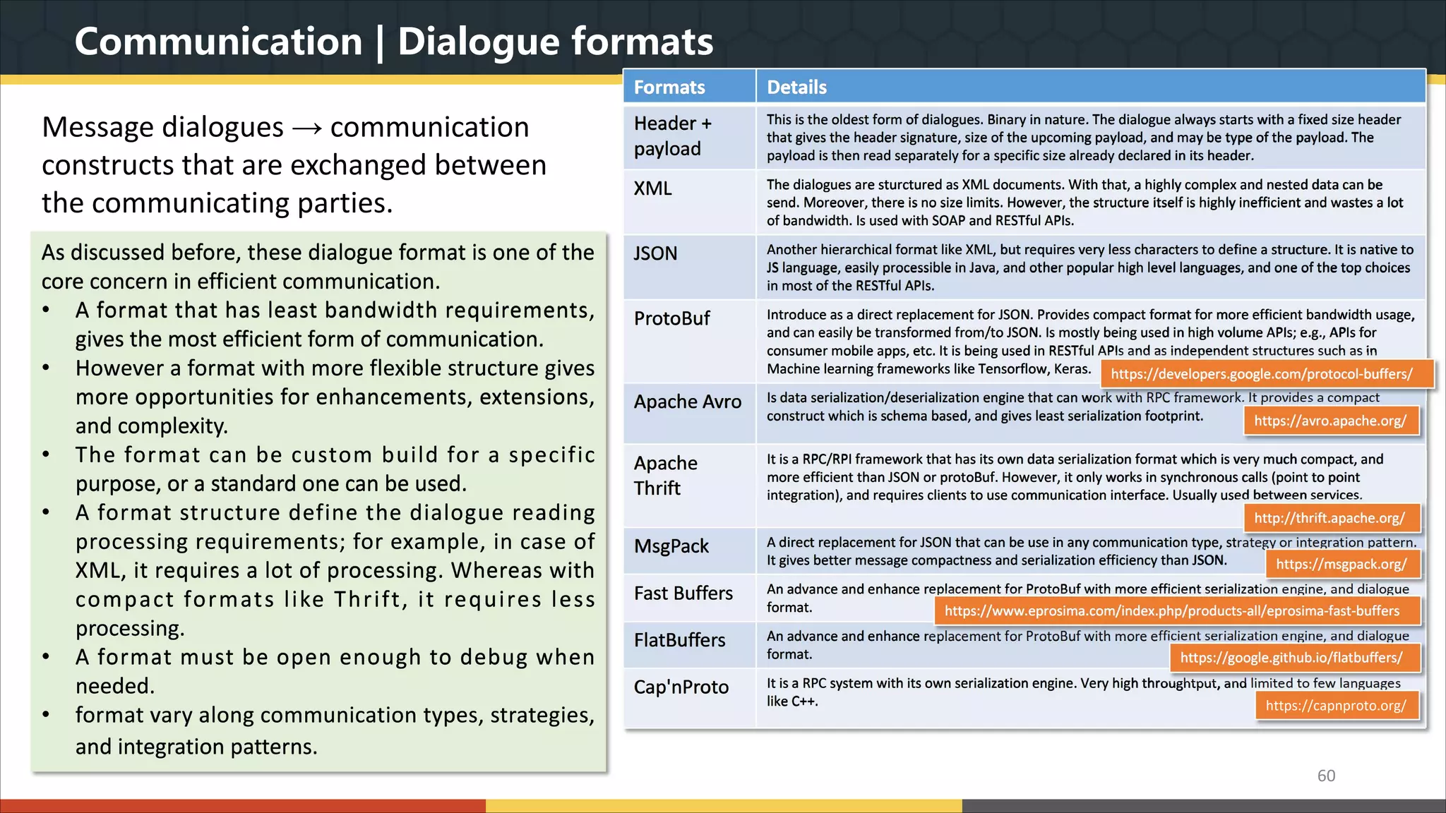Communication | Dialogue formats 60 Message dialogues → communication constructs that are exchanged between the communicating parties. As discussed before, these dialogue format is one of the core concern in efficient communication. • A format that has least bandwidth requirements, gives the most efficient form of communication. • However a format with more flexible structure gives more opportunities for enhancements, extensions, and complexity. • The format can be custom build for a specific purpose, or a standard one can be used. • A format structure define the dialogue reading processing requirements; for example, in case of XML, it requires a lot of processing. Whereas with compact formats like Thrift, it requires less processing. • A format must be open enough to debug when needed. • format vary along communication types, strategies, and integration patterns. Formats Details Header + payload This is the oldest form of dialogues. Binary in nature. The dialogue always starts with a fixed size header that gives the header signature, size of the upcoming payload, and may be type of the payload. The payload is then read separately for a specific size already declared in its header. XML The dialogues are sturctured as XML documents. With that, a highly complex and nested data can be send. Moreover, there is no size limits. However, the structure itself is highly inefficient and wastes a lot of bandwidth. Is used with SOAP and RESTful APIs. JSON Another hierarchical format like XML, but requires very less characters to define a structure. It is native to JS language, easily processible in Java, and other popular high level languages, and one of the top choices in most of the RESTful APIs. ProtoBuf Introduce as a direct replacement for JSON. Provides compact format for more efficient bandwidth usage, and can easily be transformed from/to JSON. Is mostly being used in high volume APIs; e.g., APIs for consumer mobile apps, etc. It is being used in RESTful APIs and as independent structures such as in Machine learning frameworks like Tensorflow, Keras. Apache Avro Is data serialization/deserialization engine that can work with RPC framework. It provides a compact construct which is schema based, and gives least serialization footprint. Apache Thrift It is a RPC/RPI framework that has its own data serialization format which is very much compact, and more efficient than JSON or protoBuf. However, it only works in synchronous calls (point to point integration), and requires clients to use communication interface. Usually used between services. MsgPack A direct replacement for JSON that can be use in any communication type, strategy or integration pattern. It gives better message compactness and serialization efficiency than JSON. Fast Buffers An advance and enhance replacement for ProtoBuf with more efficient serialization engine, and dialogue format. FlatBuffers An advance and enhance replacement for ProtoBuf with more efficient serialization engine, and dialogue format. Cap'nProto It is a RPC system with its own serialization engine. Very high throughtput, and limited to few languages like C++. https://developers.google.com/protocol-buffers/ https://avro.apache.org/ http://thrift.apache.org/ https://msgpack.org/ https://www.eprosima.com/index.php/products-all/eprosima-fast-buffers https://google.github.io/flatbuffers/ https://capnproto.org/ 