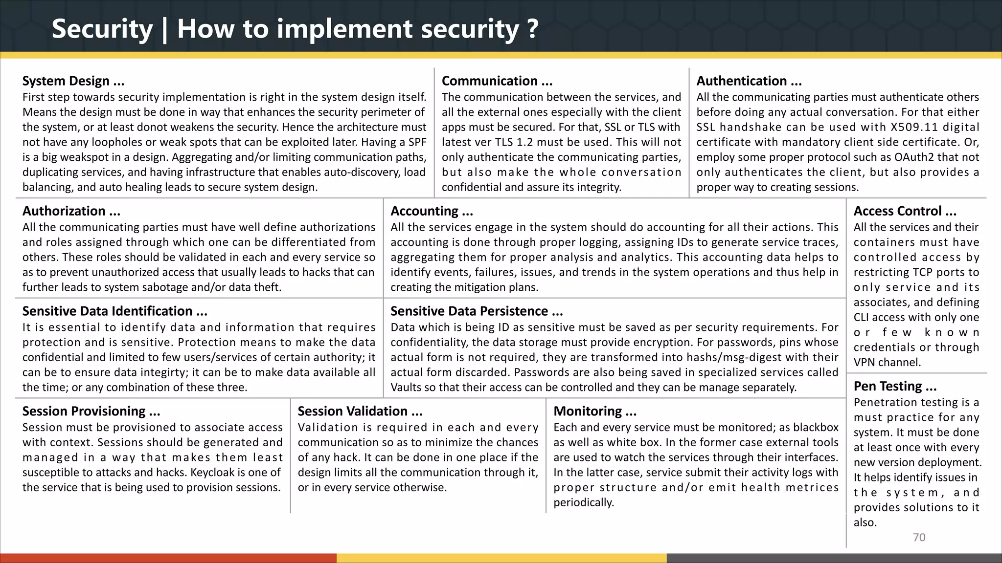 Security | How to implement security ? 70 System Design ... First step towards security implementation is right in the system design itself. Means the design must be done in way that enhances the security perimeter of the system, or at least donot weakens the security. Hence the architecture must not have any loopholes or weak spots that can be exploited later. Having a SPF is a big weakspot in a design. Aggregating and/or limiting communication paths, duplicating services, and having infrastructure that enables auto-discovery, load balancing, and auto healing leads to secure system design. Communication ... The communication between the services, and all the external ones especially with the client apps must be secured. For that, SSL or TLS with latest ver TLS 1.2 must be used. This will not only authenticate the communicating parties, but also make the whole conversation confidential and assure its integrity. Authentication ... All the communicating parties must authenticate others before doing any actual conversation. For that either SSL handshake can be used with X509.11 digital certificate with mandatory client side certificate. Or, employ some proper protocol such as OAuth2 that not only authenticates the client, but also provides a proper way to creating sessions. Authorization ... All the communicating parties must have well define authorizations and roles assigned through which one can be differentiated from others. These roles should be validated in each and every service so as to prevent unauthorized access that usually leads to hacks that can further leads to system sabotage and/or data theft. Accounting ... All the services engage in the system should do accounting for all their actions. This accounting is done through proper logging, assigning IDs to generate service traces, aggregating them for proper analysis and analytics. This accounting data helps to identify events, failures, issues, and trends in the system operations and thus help in creating the mitigation plans. Access Control ... All the services and their containers must have controlled access by restricting TCP ports to only service and its associates, and defining CLI access with only one o r f e w k n o w n credentials or through VPN channel. Sensitive Data Identification ... It is essential to identify data and information that requires protection and is sensitive. Protection means to make the data confidential and limited to few users/services of certain authority; it can be to ensure data integirty; it can be to make data available all the time; or any combination of these three. Sensitive Data Persistence ... Data which is being ID as sensitive must be saved as per security requirements. For confidentiality, the data storage must provide encryption. For passwords, pins whose actual form is not required, they are transformed into hashs/msg-digest with their actual form discarded. Passwords are also being saved in specialized services called Vaults so that their access can be controlled and they can be manage separately. Pen Testing ... Penetration testing is a must practice for any system. It must be done at least once with every new version deployment. It helps identify issues in t h e s y s t e m , a n d provides solutions to it also. Session Provisioning ... Session must be provisioned to associate access with context. Sessions should be generated and managed in a way that makes them least susceptible to attacks and hacks. Keycloak is one of the service that is being used to provision sessions. Session Validation ... Validation is required in each and every communication so as to minimize the chances of any hack. It can be done in one place if the design limits all the communication through it, or in every service otherwise. Monitoring ... Each and every service must be monitored; as blackbox as well as white box. In the former case external tools are used to watch the services through their interfaces. In the latter case, service submit their activity logs with proper structure and/or emit health metrices periodically. 