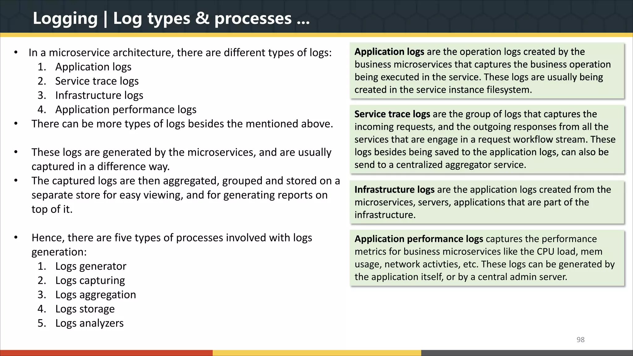 Logging | Log types & processes ... 98 Application logs are the operation logs created by the business microservices that captures the business operation being executed in the service. These logs are usually being created in the service instance filesystem. Service trace logs are the group of logs that captures the incoming requests, and the outgoing responses from all the services that are engage in a request workflow stream. These logs besides being saved to the application logs, can also be send to a centralized aggregator service. Infrastructure logs are the application logs created from the microservices, servers, applications that are part of the infrastructure. Application performance logs captures the performance metrics for business microservices like the CPU load, mem usage, network activties, etc. These logs can be generated by the application itself, or by a central admin server. • In a microservice architecture, there are different types of logs: 1. Application logs 2. Service trace logs 3. Infrastructure logs 4. Application performance logs • There can be more types of logs besides the mentioned above. • These logs are generated by the microservices, and are usually captured in a difference way. • The captured logs are then aggregated, grouped and stored on a separate store for easy viewing, and for generating reports on top of it. • Hence, there are five types of processes involved with logs generation: 1. Logs generator 2. Logs capturing 3. Logs aggregation 4. Logs storage 5. Logs analyzers 